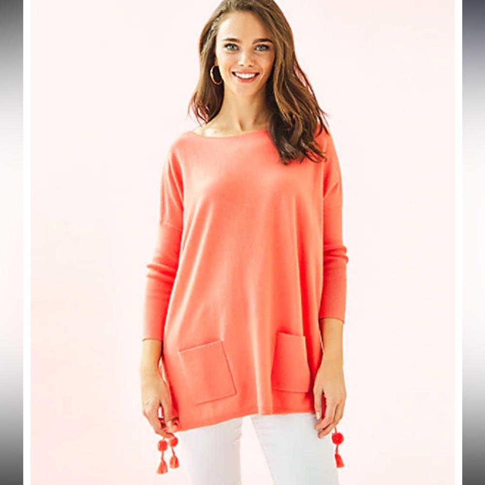 Lilly Pulitzer Coral Pocket Tassel Tunic Sweater